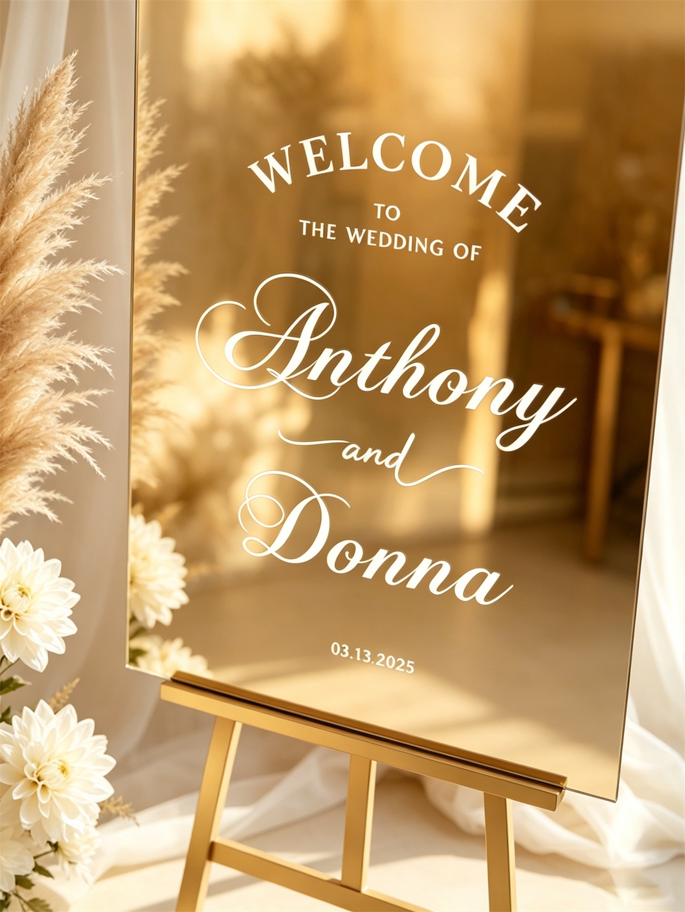 Mirror acrylic welcome signs, golden mirror wedding direction signs, custom wedding direction signs, ceremony welcome signs